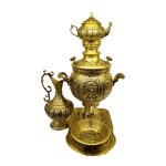 سماور زغالی 6 لیتری قلم دست استاد سرویس کامل تمام برنجی