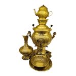 سماور گازی مدل شاهکار ارکیده 7 لیتری به همراه سرویس سماور گازی برنجی آنتیک قلم دست 7 لیتری ضخیم با دوام بدون تغییر رنگ